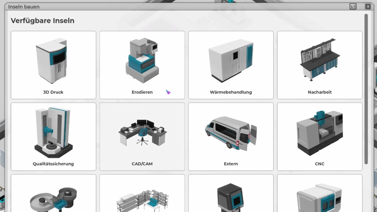Bau-Modus: verfügbare Inseln wie 3D-Druck, Erodieren, Wärmebehandlung, CNC