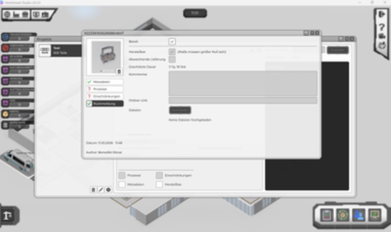 Projekt anlegen in Holothread: Bauteil, Prozesse, Einschränkungen und Kostenkalkulation